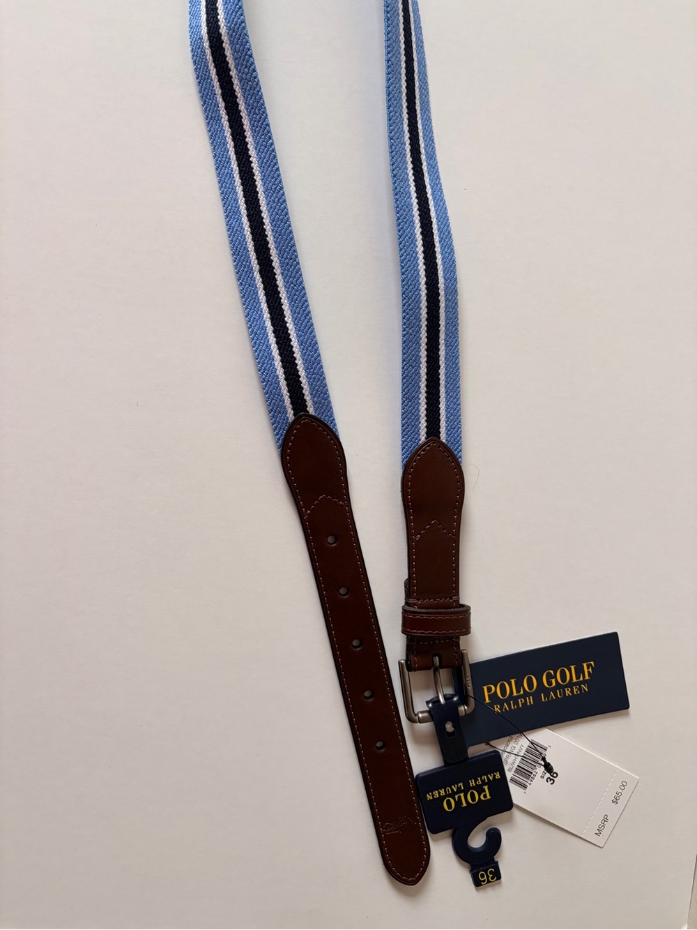 Polo Golf Ralph Lauren Blue Striped Webbing Belt with Brown Leather